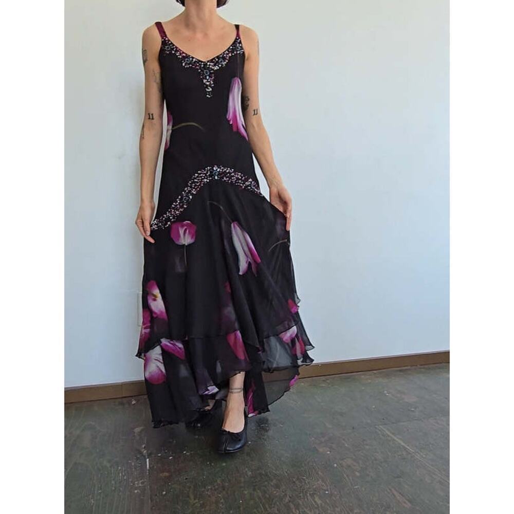 Vintage Whimsigoth Y2K Midnight Velvet IRIS SEQUINED FLUTTER FAIRY DRESS Large